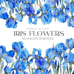 May include: A seamless border of watercolor blue iris flowers. The flowers are arranged in a symmetrical pattern, with the top and bottom borders mirroring each other. The text "COMMERCIAL USE CLIPART IRIS FLOWERS SEAMLESS BORDERS" is centered in the middle of the image.
