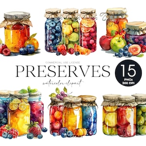 Op de afbeelding: Waterverf clipart van 15 potten met confituur, elk met een andere vulling van fruit. De potten zijn in twee rijen gerangschikt, waarbij de bovenste rij een verscheidenheid aan fruit laat zien, waaronder bessen, kersen en perziken. De onderste rij toont potten met confituur met een verscheidenheid aan fruit, waaronder bessen, kersen en perziken. De potten zijn allemaal in een realistische stijl geschilderd, met een aquareleffect. De tekst "PRESERVES" is in een groot, vet lettertype bovenaan de afbeelding geschreven. De tekst "watercolor clipart" is in een kleiner lettertype onder het woord "PRESERVES" geschreven. De tekst "15 PNGs 300 DPI" is in een klein lettertype in de rechterbenedenhoek van de afbeelding geschreven.