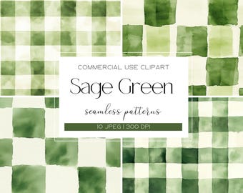 Vintage Sage Green Gingham Pattern, Seamless Gingham Pattern, Cute Cottage Pattern for Crafts, Checkered Background, Watercolor Gingham