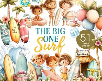 The Big One Surf Birthday Clipart, Retro Surfboard First Birthday, Surf's Up Birthday, Surfboard, Surf Theme Party, Pastel Beach Clipart