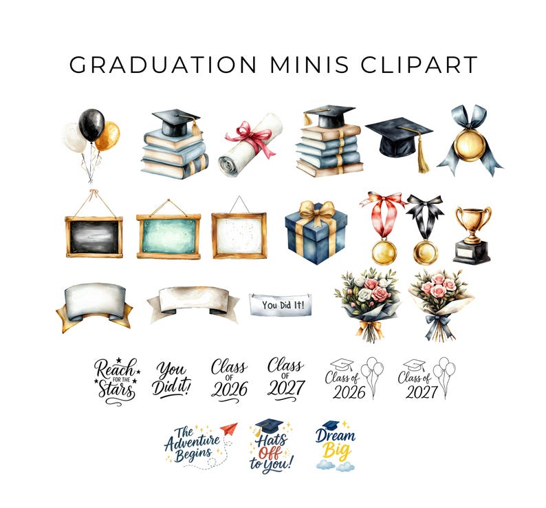 Preschool Graduation Clipart, Cute Kids Graduation PNG, Watercolor Graduation, Diploma Clipart, Graduation Hat, Elementary Graduation image 3
