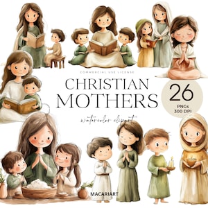 Clipart mère chrétienne, clipart étude de la Bible, lecture de la Bible, Bible pour enfants, histoire biblique, sœurs en prière, clipart religieux, maman chrétienne
