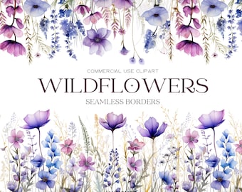 Wildflowers Borders Clipart Floral Watercolor Borders Flowers Seamless Border Wild Floral Clipart Wedding Clipart Floral Borders Digital