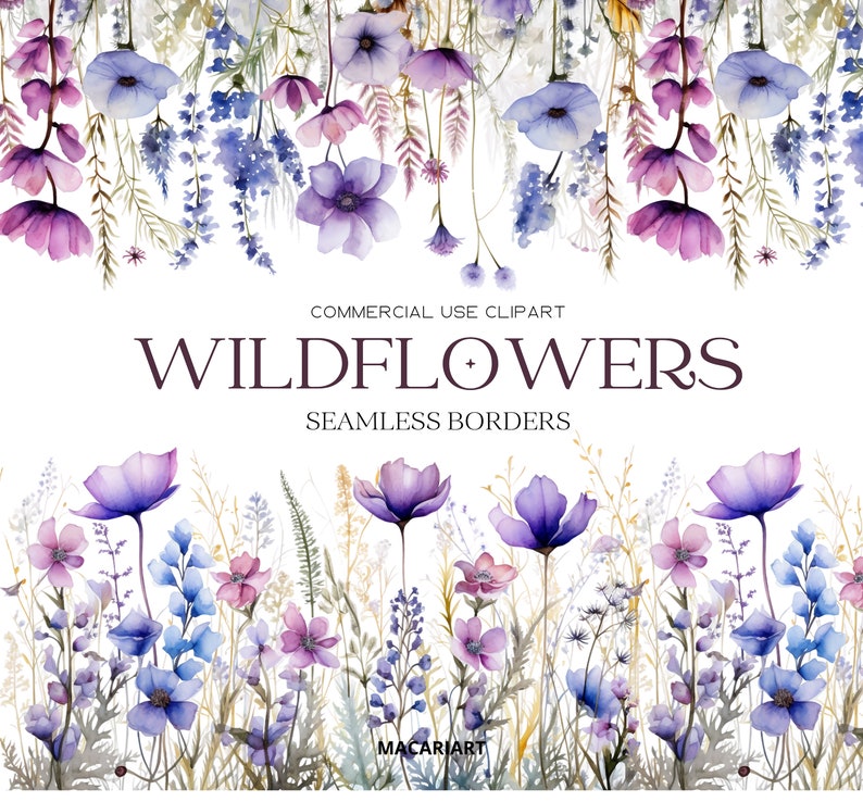 Wildflowers Borders Clipart Floral Watercolor Borders Flowers Seamless