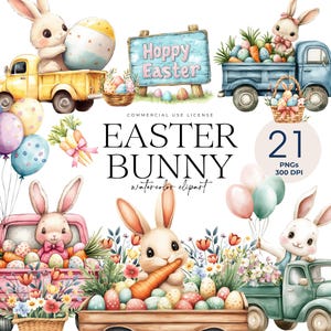 Imágenes prediseñadas de camión de conejito de Pascua, conejito de Pascua feliz PNG, imágenes prediseñadas de Pascua floral, gráficos de conejito de primavera, decoración de Pascua, lindo conejito con huevos de Pascua