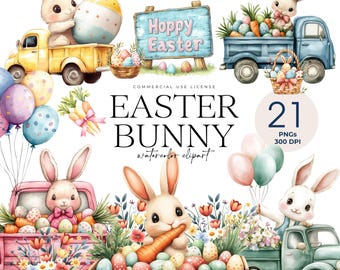 May include: A set of 21 digital watercolor clipart images featuring Easter bunnies, trucks, and eggs. The bunnies are holding carrots and riding in trucks decorated with flowers and eggs. The sign reads "Hoppy Easter".