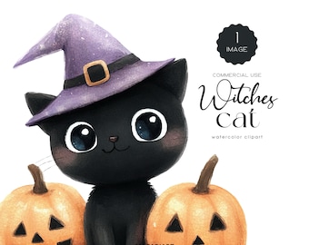 Cute Halloween Black Cat Clipart Bundle Watercolor Witch Cat Png Funny Black Cat Halloween Animals Clipart Spooky Halloween Witchcraft Png