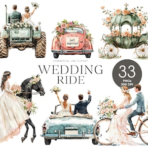 Clipart de coche de boda, coche de recién casados, clipart del día de la boda, clipart de coche antiguo, novia png, clipart de matrimonio, día de la boda png, carruaje