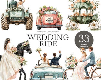 Wedding Car Clipart, Just Married Car, Wedding Day Clipart, Vintage Car Clipart, Bride Png, Marriage Clipart, Wedding Day Png, Carriage