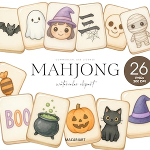 May include: Watercolor clipart set of 26 Mahjong tiles with Halloween-themed illustrations. Includes a bat, ghost, witch, skull, mummy, pumpkin, black cat, cauldron, and candy. The text "MAHJONG" and "watercolor clipart" are also visible.