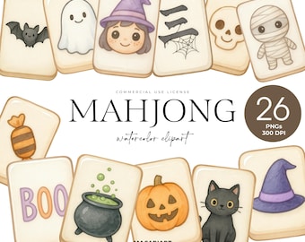 Halloween Mahjong Clipart, Asian Mahjong Tiles, Watercolor Mahjong Png, Spooky Mahjong Party, Kids Halloween, Happy Halloween Clipart