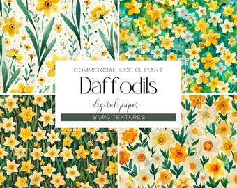 Papeles digitales de flores de narciso, paquete de papel digital de flores de primavera, papel de papelería imprimible con flores amarillas, fondo floral, papel botánico