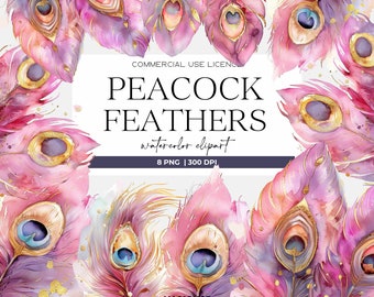 Pink Peacock Feather Clipart Watercolor Feathers Boho Peacock Art Gorgeous Peacock Clipart Digital Download Peacock Png Feather Clipart