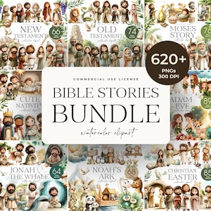 Bible Story Clipart Bundle, Kids Bible Scenes, Cute Biblical Characters, Christian Clipart for Kids, Biblical People, Nativity, Easter, Xmas