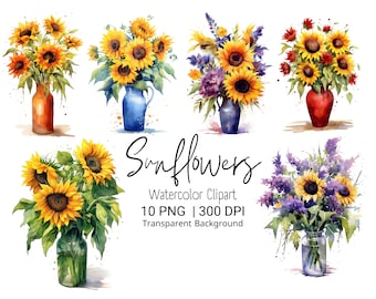 May include: Watercolour clipart of 10 sunflowers in vases. The sunflowers are yellow with brown centres and green leaves. The vases are blue, red, and orange. The background is transparent.