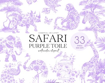 Könnte beinhalten: Ein Set mit 33 lilafarbenen Aquarell-Safari-Tierillustrationen. Die Illustrationen beinhalten eine Giraffe, ein Zebra, ein Nashorn, einen Elefanten, einen Affen, einen Pfau, einen Strauß, einen Vogel in einem Käfig und einen Schmetterling. Die Illustrationen sind perfekt zum Erstellen von Einladungen, Karten und anderen Bastelarbeiten.