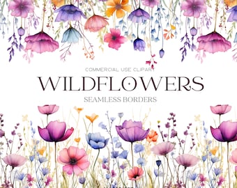 Wildflowers Borders Clipart Floral Watercolor Borders Flowers Seamless Border Wild Floral Clipart Wedding Clipart Floral Borders Digital