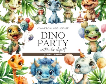 Watercolor Dinosaur Birthday Party Clipart Cute Dino Png Nursery Clipart Dino Party Design T-Rex Baby Dinosaurs Kids Wall Art Baby Shower