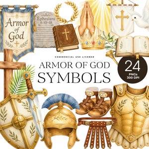 Puede incluir: Una colección de ilustraciones en acuarela con símbolos de la armadura de Dios, incluyendo un estandarte con texto, una tabla de piedra, una Biblia, manos en oración, una corona, una paloma, una cruz, una espada, un escudo, un casco, sandalias y una coraza.