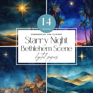 May include: A digital art collection with 14 images depicting a starry night Bethlehem scene. The watercolour illustrations include stars, palm trees, and a city skyline, with the text "Starry Night Bethlehem Scene digital papers".