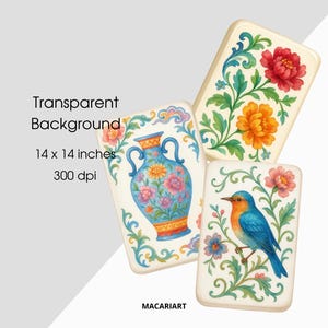Op de afbeelding: Drie rechthoekige kunstdrukken met bloemen- en vogelontwerpen. E&eacute;n print toont een blauwe vaas met bloemen, een andere een rode en oranje bloem, en de derde toont een blauwe vogel. De prints zijn 35,5 x 35,5 cm groot.