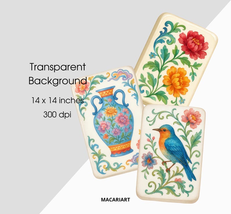 Op de afbeelding: Drie rechthoekige kunstdrukken met bloemen- en vogelontwerpen. E&eacute;n print toont een blauwe vaas met bloemen, een andere een rode en oranje bloem, en de derde toont een blauwe vogel. De prints zijn 35,5 x 35,5 cm groot.