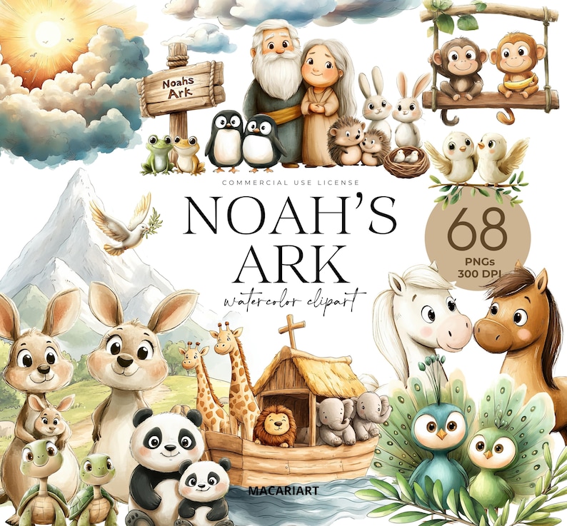 K&ouml;nnte beinhalten: Aquarell-Clipart-Set mit 68 Illustrationen zum Thema Noahs Arche. Das Set enth&auml;lt Tiere, Menschen und die Arche selbst. Die Illustrationen sind in einem verspielten Stil mit leuchtenden Farben gehalten.