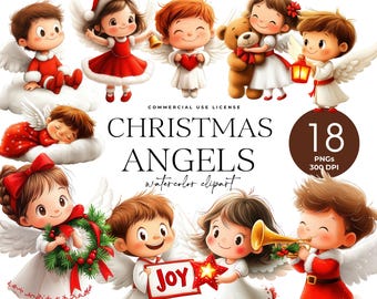 Christmas Angel Clipart, Watercolor Cute Angels, Christmas Graphics, Quirky Christmas, Festive Holidays Images