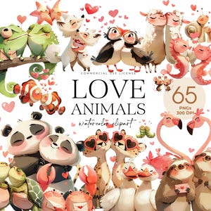 Clipart amour animal original, Clipart Saint-Valentin, couple animaux Art Saint-Valentin, Clipart amour mignon, aquarelle amour, adorables PNG