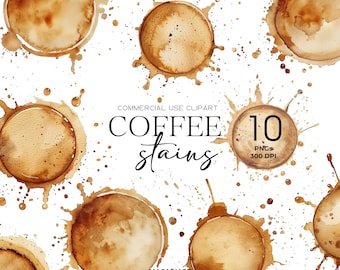 Imágenes prediseñadas de manchas de café, acuarela, anillo de café, salpicaduras de café expreso, salpicaduras de cafeína, imágenes prediseñadas de bebida PNG, descarga instantánea, uso comercial