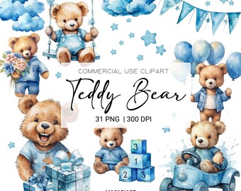 Puede incluir: Un conjunto de 31 ilustraciones de acuarela de osos de peluche en varias poses. Los osos llevan ropa azul y están rodeados de nubes azules y blancas, globos y estrellas. El texto "COMMERCIAL USE CLIPART Teddy Bear 31 PNG | 300 DPI MACARIART" está en la parte inferior de la imagen.