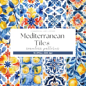 Mediteraner Kachel Musterdesign Aquarell Blau Weiße Fliesen Digitales Papier JPG Sich wiederholendes Muster Portugiese Azulejo Keramik Sommer Clipart