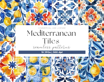 Mediterranean Tile Seamless Pattern Watercolor Blue White Tile Digital Paper JPG Repeating Pattern Portuguese Azulejo Ceramic Summer Clipart