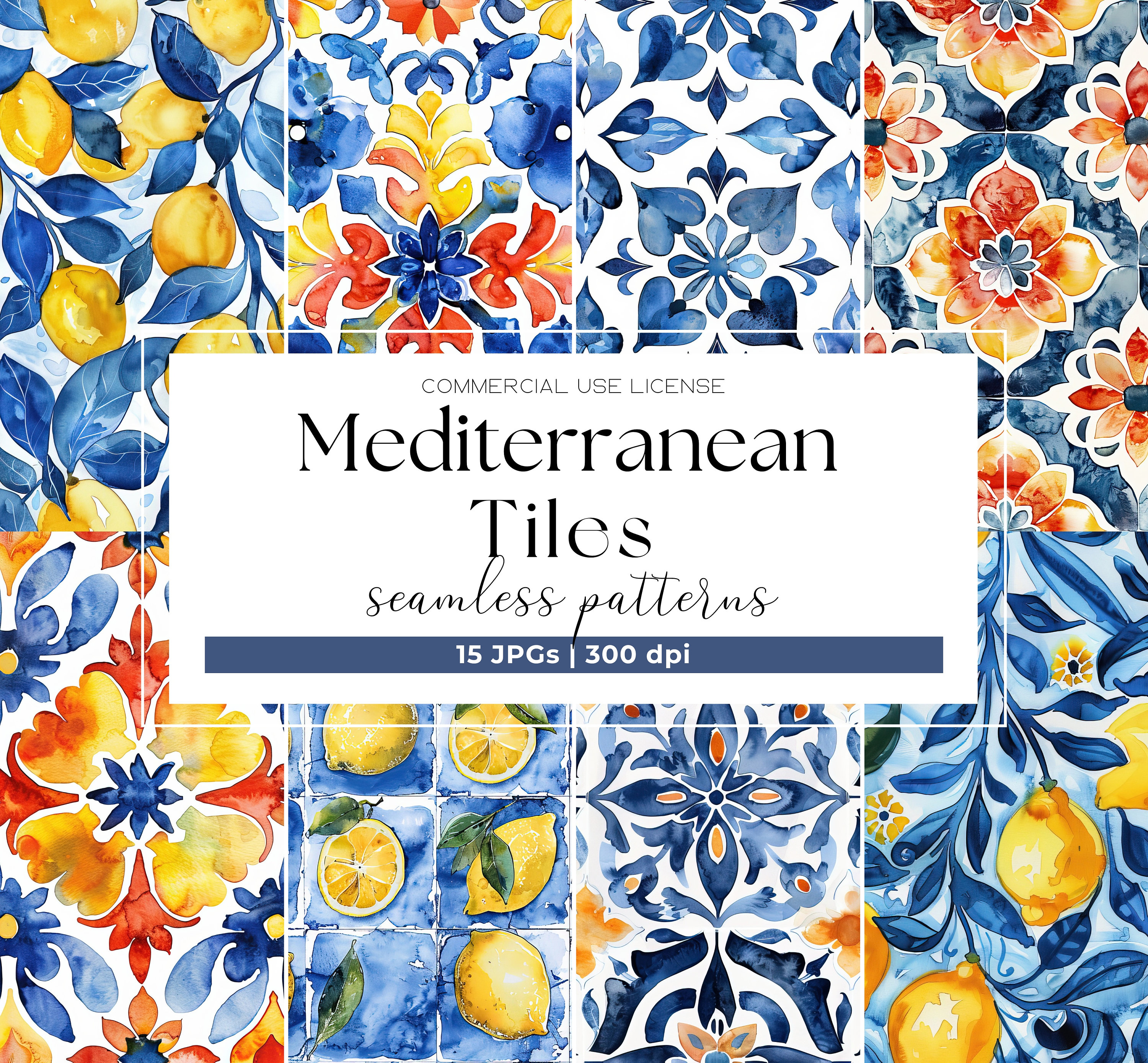 Mediterranean Patterns Mediterranean Tile Seamless Pattern Watercolor Blue White Tile Digital ...