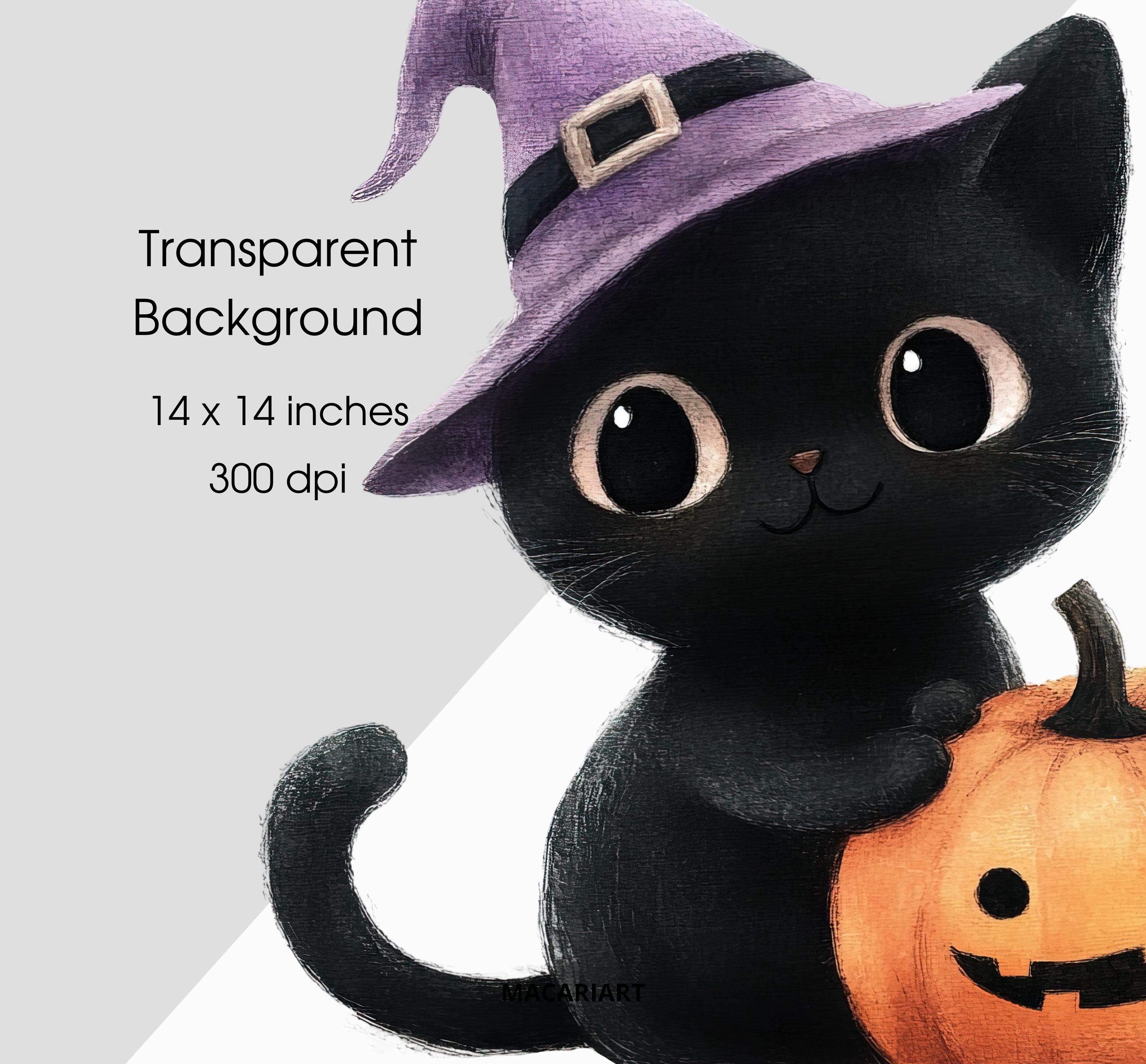 かわいいハロウィン黒猫クリップアートバンドル 水彩魔女猫PNG 面白い