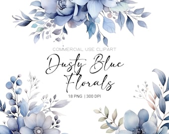 Clipart floral bleu poussiéreux aquarelle fleur bleue Clipart faire-part de mariage garçon baby shower Premade cliparts png transparents usage commercial