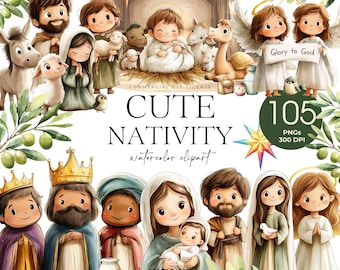 Cute Nativity Scene Clipart, Watercolor Christmas Jesus Birth, Baby Jesus, Bible Story, Three Kings, Mary Virgin, Joseph, Cute Bible PNG