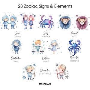 Może przedstawiać: Aquarela przedstawiająca 12 znak&oacute;w zodiaku z odpowiadającymi im miesiącami. Każdy znak jest przedstawiony za pomocą uroczego bohatera kresk&oacute;wkowego i symbolu reprezentującego znak zodiaku. Znaki to: Bliźnięta, Rak, Lew, Panna, Waga, Skorpion, Strzelec, Koziorożec, Wodnik, Ryby, Baran i Byk.