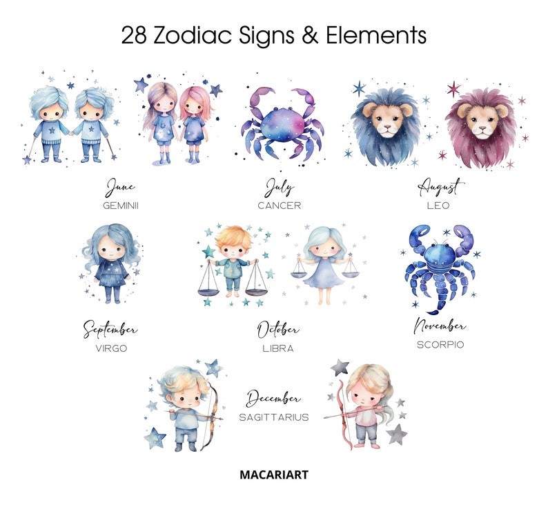 Może przedstawiać: Aquarela przedstawiająca 12 znak&oacute;w zodiaku z odpowiadającymi im miesiącami. Każdy znak jest przedstawiony za pomocą uroczego bohatera kresk&oacute;wkowego i symbolu reprezentującego znak zodiaku. Znaki to: Bliźnięta, Rak, Lew, Panna, Waga, Skorpion, Strzelec, Koziorożec, Wodnik, Ryby, Baran i Byk.
