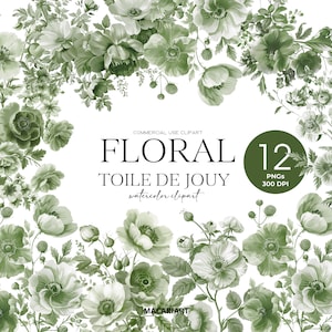 Toile de jouy florale Clipart aquarelle toile verte fleurs faire-part frontière Png toile de Jouy Chinoiserie Clipart floral frontière mariage