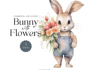 Watercolor Bunny with Flowers Clipart Pack Nursery Spring Clipart Easter Bunny Easter Clipart Transparent Pngs Floral Clipart Commercial Use