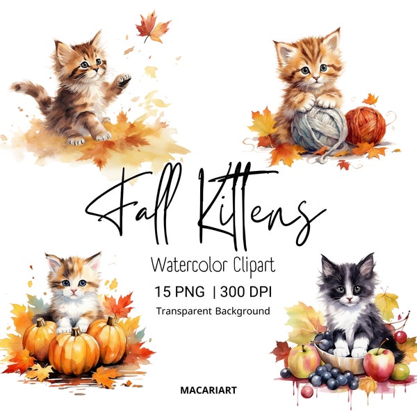 Watercolor Fall Clipart Fall Kittens Clipart Halloween Cat Watercolor Clipart Halloween Digital Thanksgiving Clipart Hello Fall Png Autumn