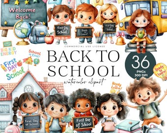 Back To School Clipart, Cute Kids School Png, School Supplies, First Day of School Sign, Teacher Sticker Set, School Bus, Backpack, Books