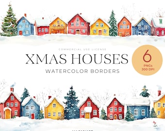 Christmas Houses Borders Clipart, Watercolor Christmas Village Png, Christmas Home, Cosy Winter Border, Winter House Frame, Bright House Png