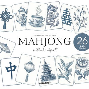 Mahjong Clipart, Toile De Jouy Mahjong Tiles, Watercolor Mahjong Png, Floral Mahjong, Chinoiserie Art, Mahjong Seamless Pattern, Wedding