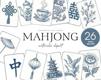 May include: A collection of 26 watercolor Mahjong clipart images. Each card features a different blue and white illustration, including a teapot, teacup, dragon, and pagoda. The text "MAHJONG" and "watercolor clipart" are also visible.