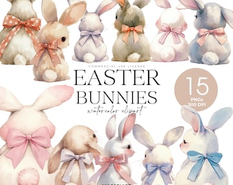 May include: A set of 15 watercolor illustrations of Easter bunnies. The bunnies are in various poses and have different colored bows. The illustrations are perfect for adding a touch of spring to your crafts and designs.