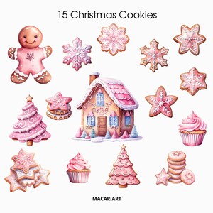 May include: A set of 15 pink and white Christmas cookies, including gingerbread people, snowflakes, stars, Christmas trees, a gingerbread house, and cupcakes. The cookies are decorated with icing and sprinkles.