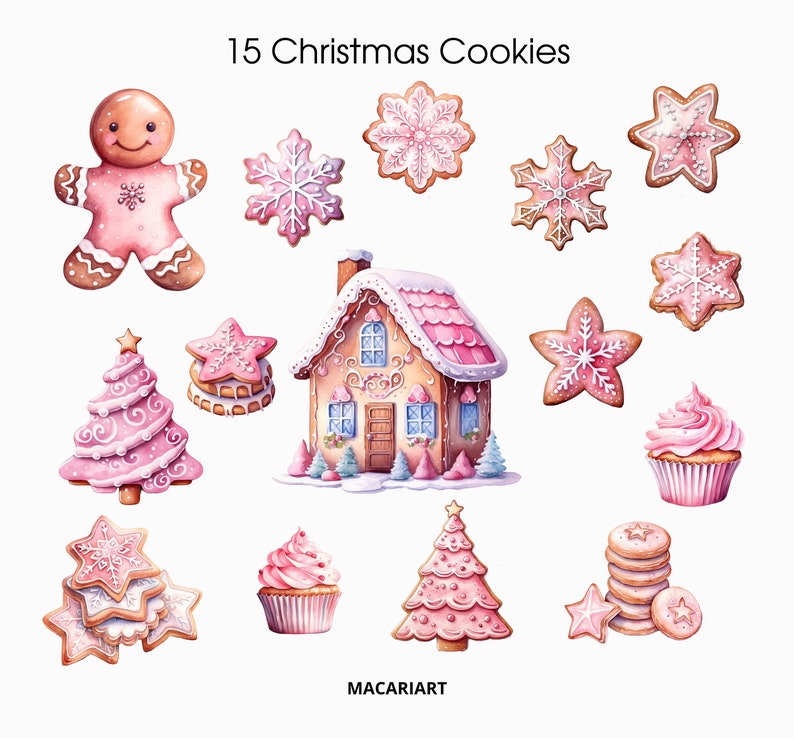May include: A set of 15 pink and white Christmas cookies, including gingerbread people, snowflakes, stars, Christmas trees, a gingerbread house, and cupcakes. The cookies are decorated with icing and sprinkles.