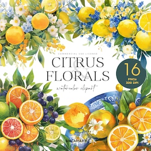 May include: Watercolor clipart set of 16 citrus fruits and florals. The set includes lemons, limes, oranges, grapefruits, and flowers in shades of yellow, blue, and green. The clipart is perfect for creating invitations, cards, and other digital projects.
